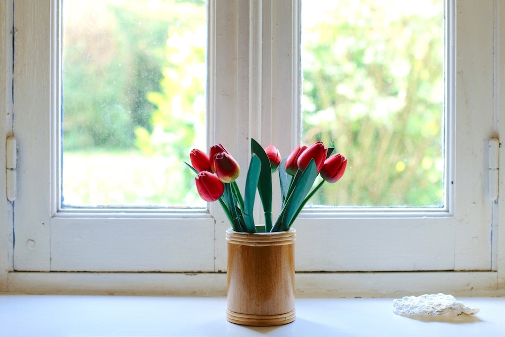 recipe for a staycation - tulips sitting on a window sill