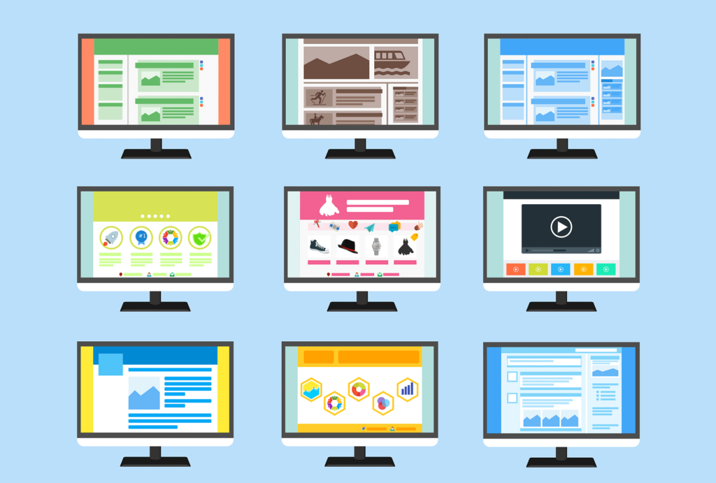 various computer monitors with different shapes and lines inside each