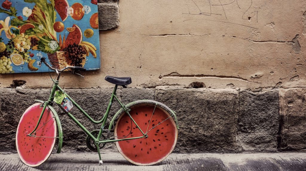 bicycle with watermelon wheels