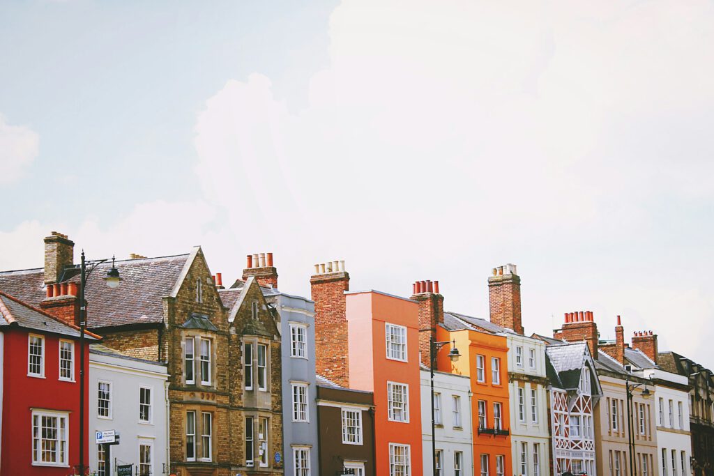 Adjacent houses in a variety of colors