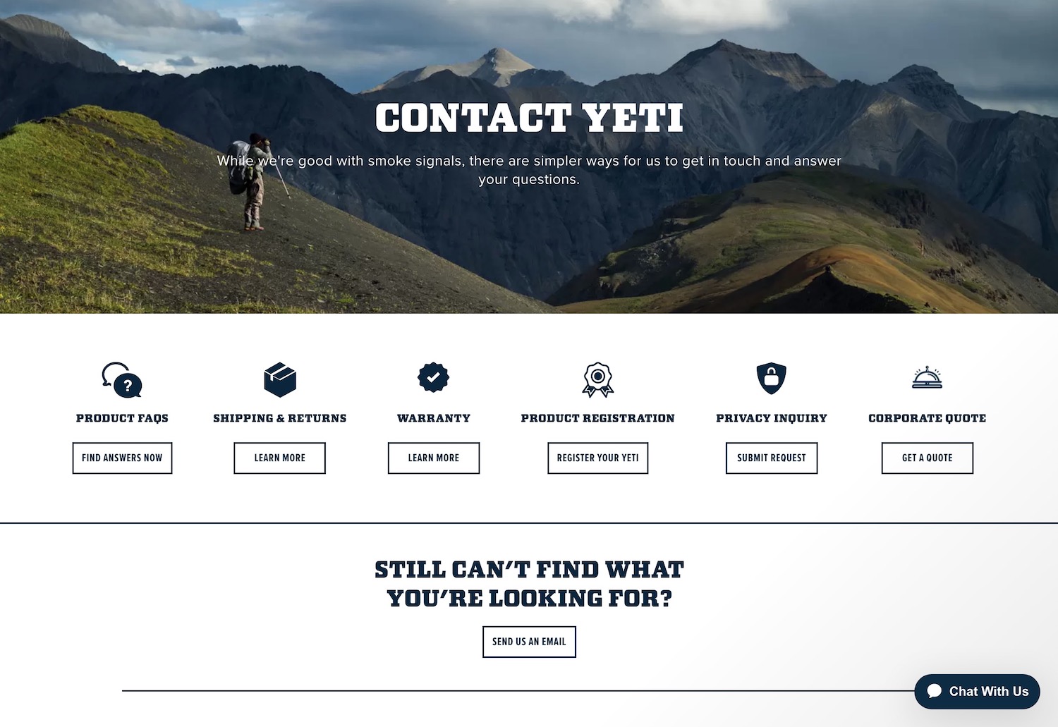 contact us page examples - YETI contact page