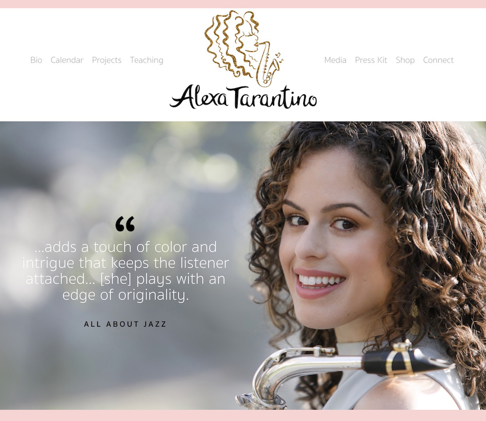 screenshot of Alexa's website before the makeover - simple, white, pink, with gold stripes