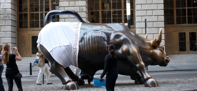 The bull of wall street statue wearing underpants