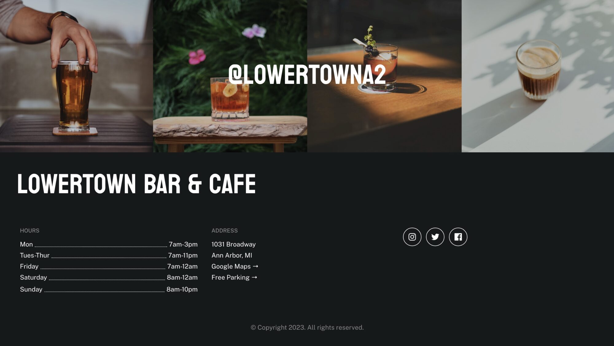 Website footer with instagram, hours, location