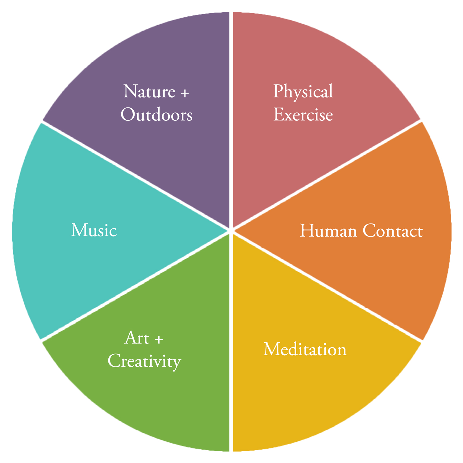 a colorful pie chart with six equal slices: meditation, outdoors, physical exercise, people / relationships, music, art