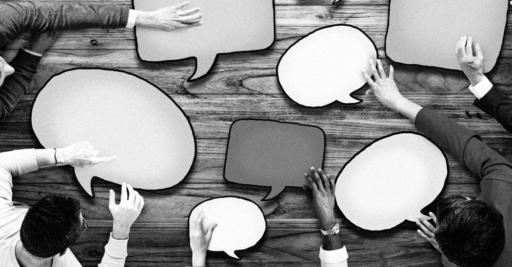 people sitting at a table with talk bubble cutous