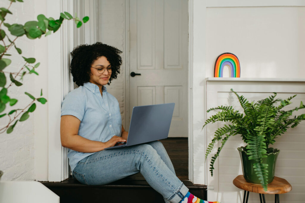 woman in her home on a Zoom meeting