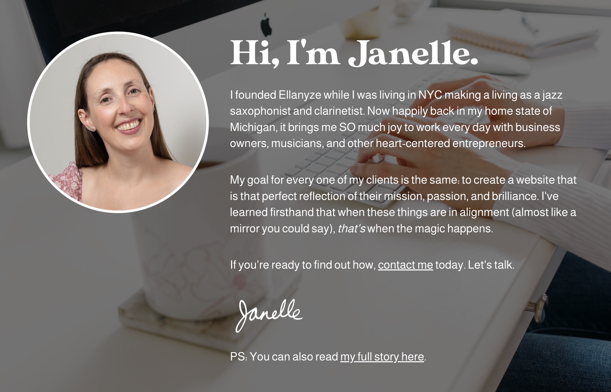 warm welcome form Janelle on the homepage of her website