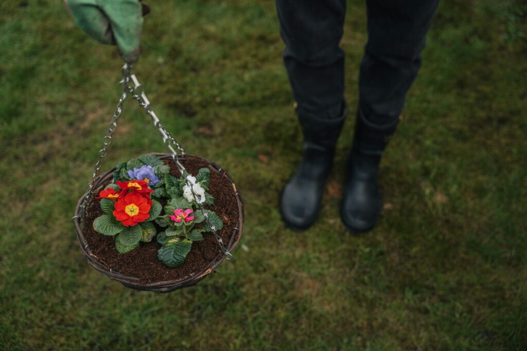 woman holding a hanging flower basket